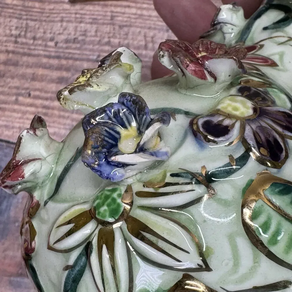Vtg West Pac Japan‎ Porcelain Hand Painted Gold Trim Floral Relief Vase Pitcher